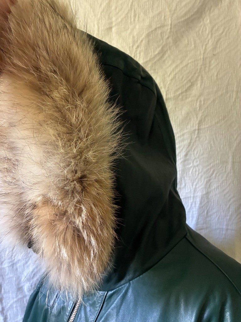 Jacqueline Ferrar Forest Green Leather Parka Coat Women&rsquo;s Large Coyote Fur Hood