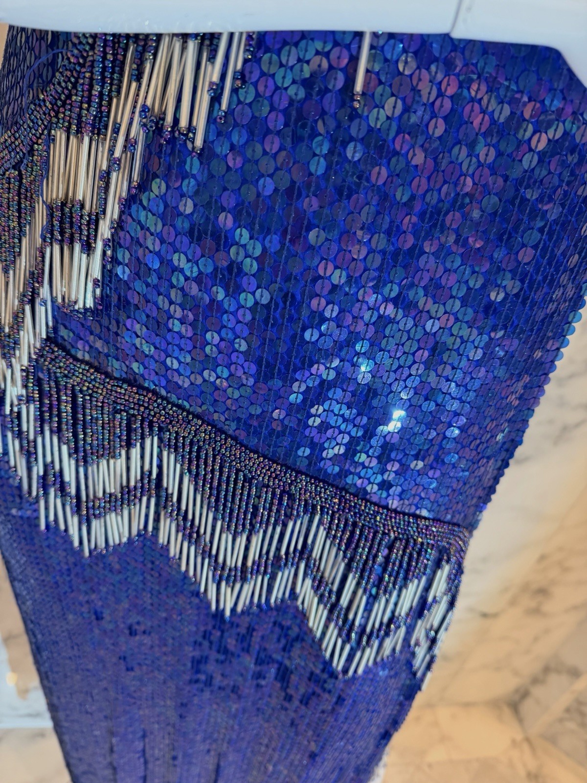 Vintage Laurence Kazar Blue Sequin Beaded Silk Cocktail Dress Fringe Art Deco M