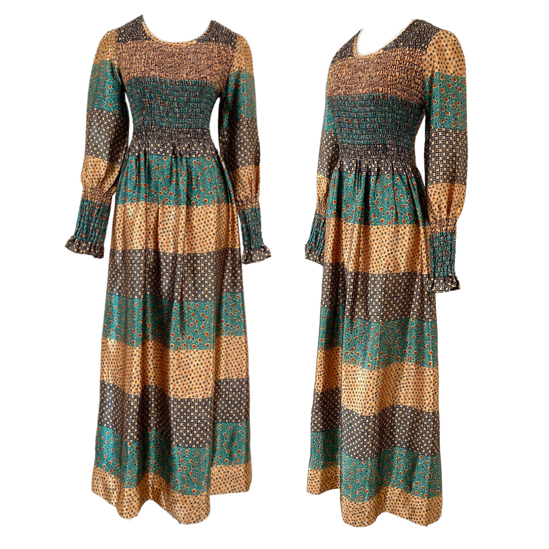 Vtg Vintage 1960s 60s 1970s 70s Designer Joseph Magnin Teal Smocked Maxi Dress