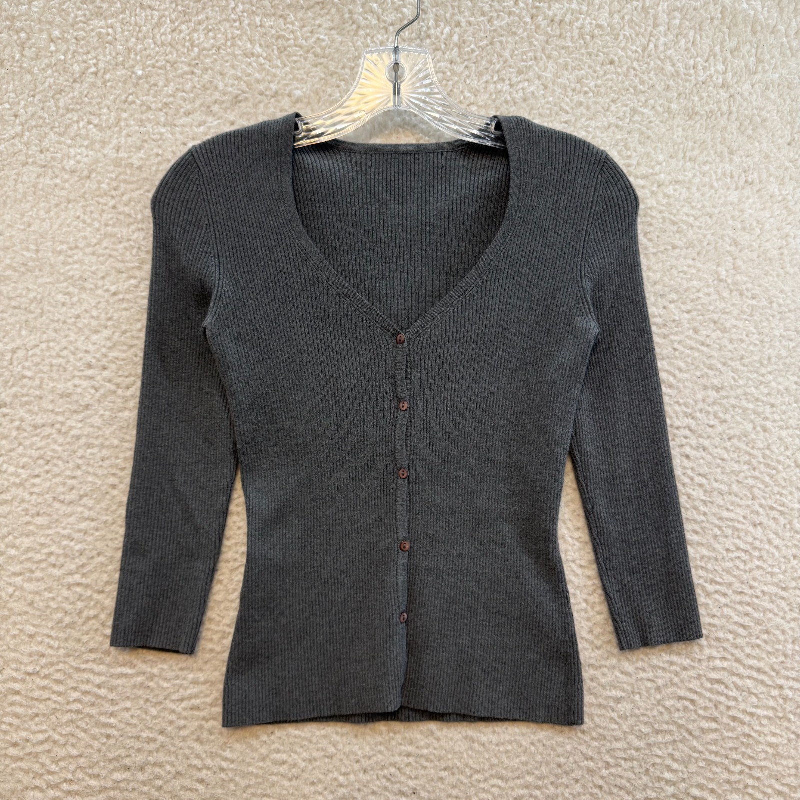 Y2K Vintage Express Cardigan Top XS Small Grey Knit 3/4 Sleeve V-Neck Corpcore