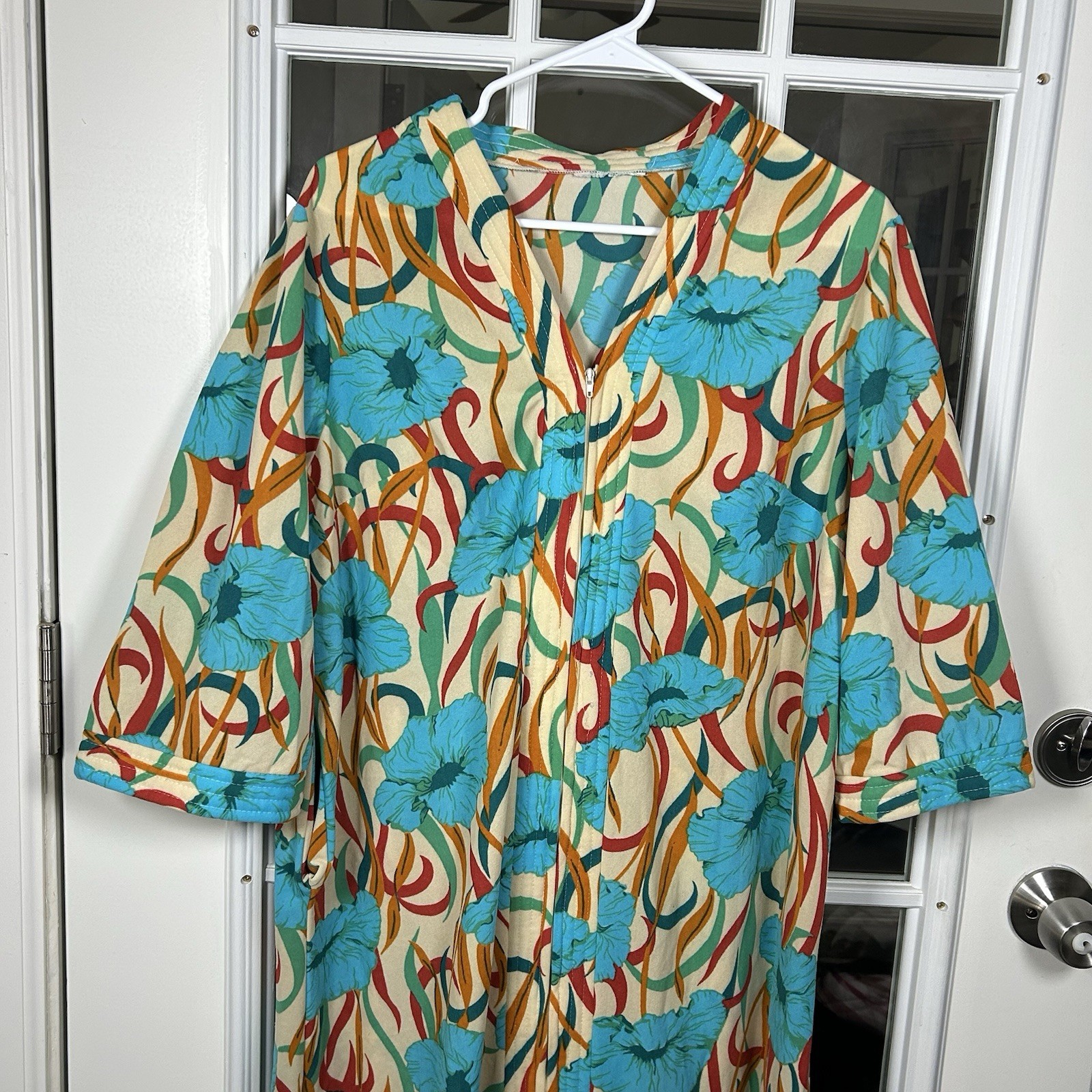 Vintage Sears Take-a-Long Dressing Gown 60s 70s House Coat Turquoise Floral S/M
