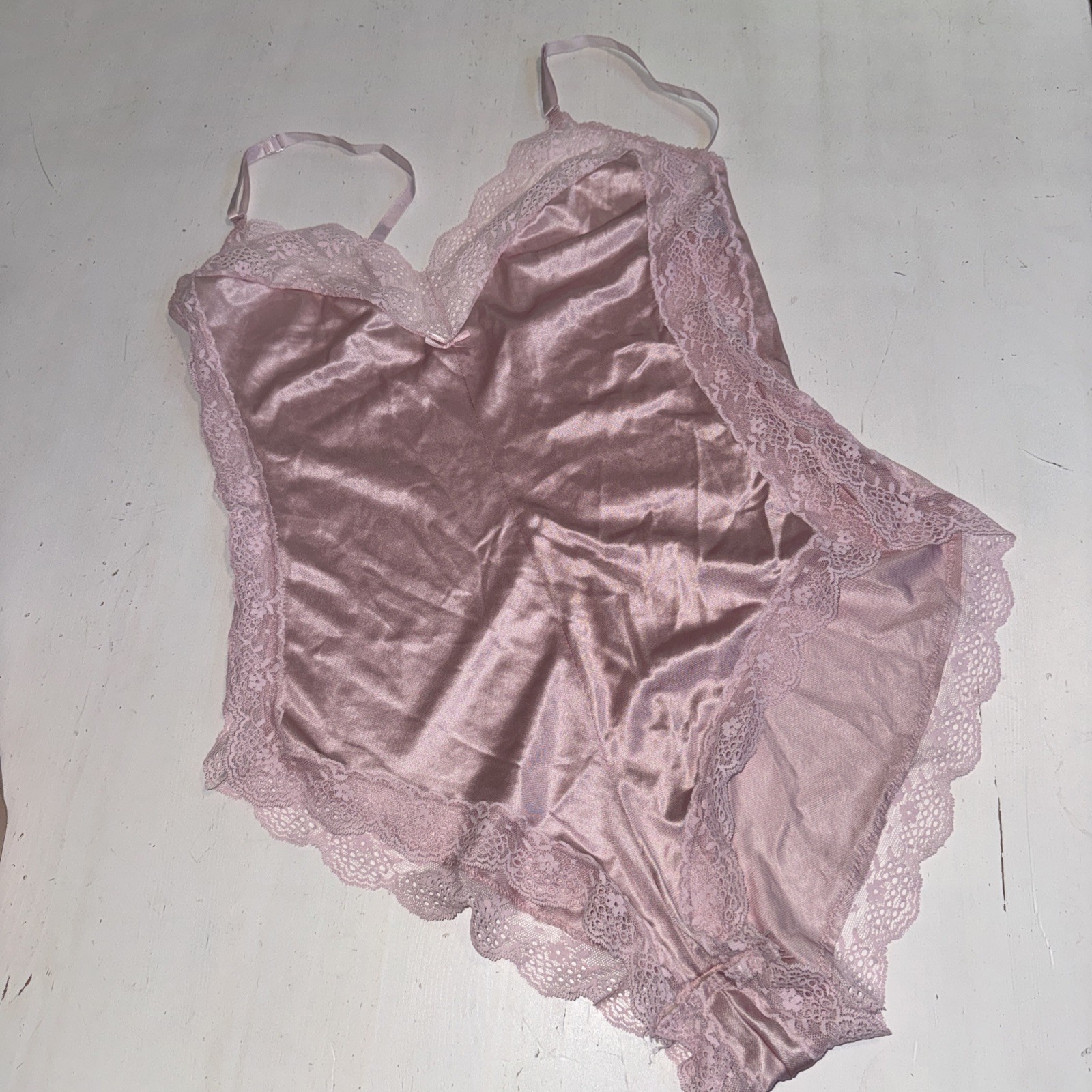 Vintage Warner’s Lacies Pink Satin Lace Teddy Bodysuit Size Medium USA Made