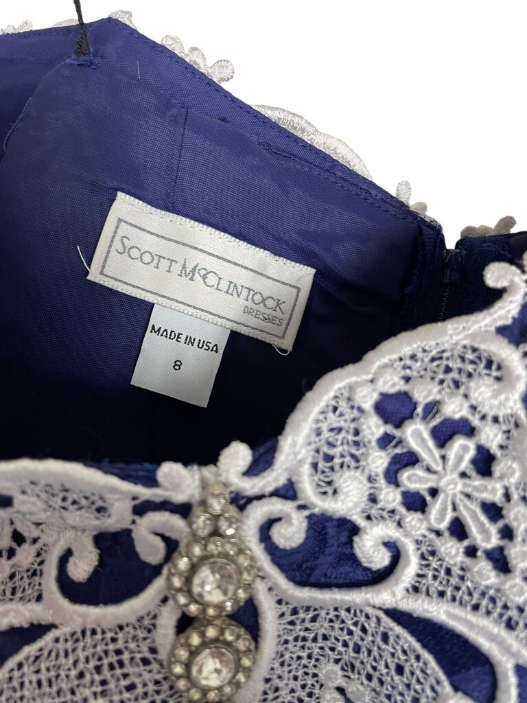 80s Scott McClintock Blue Jacquard Off Shoulder Wide Lace Wiggle Dress Size 8