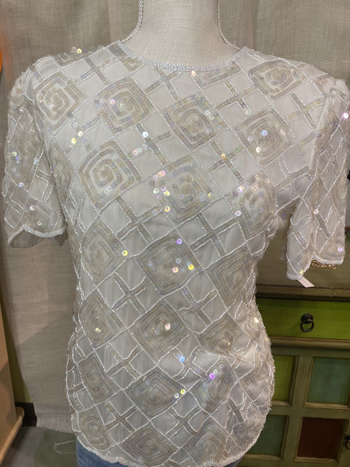Vintage Stenay White 80’s Sequin Top Holiday Party Diamond Pattern Christmas M