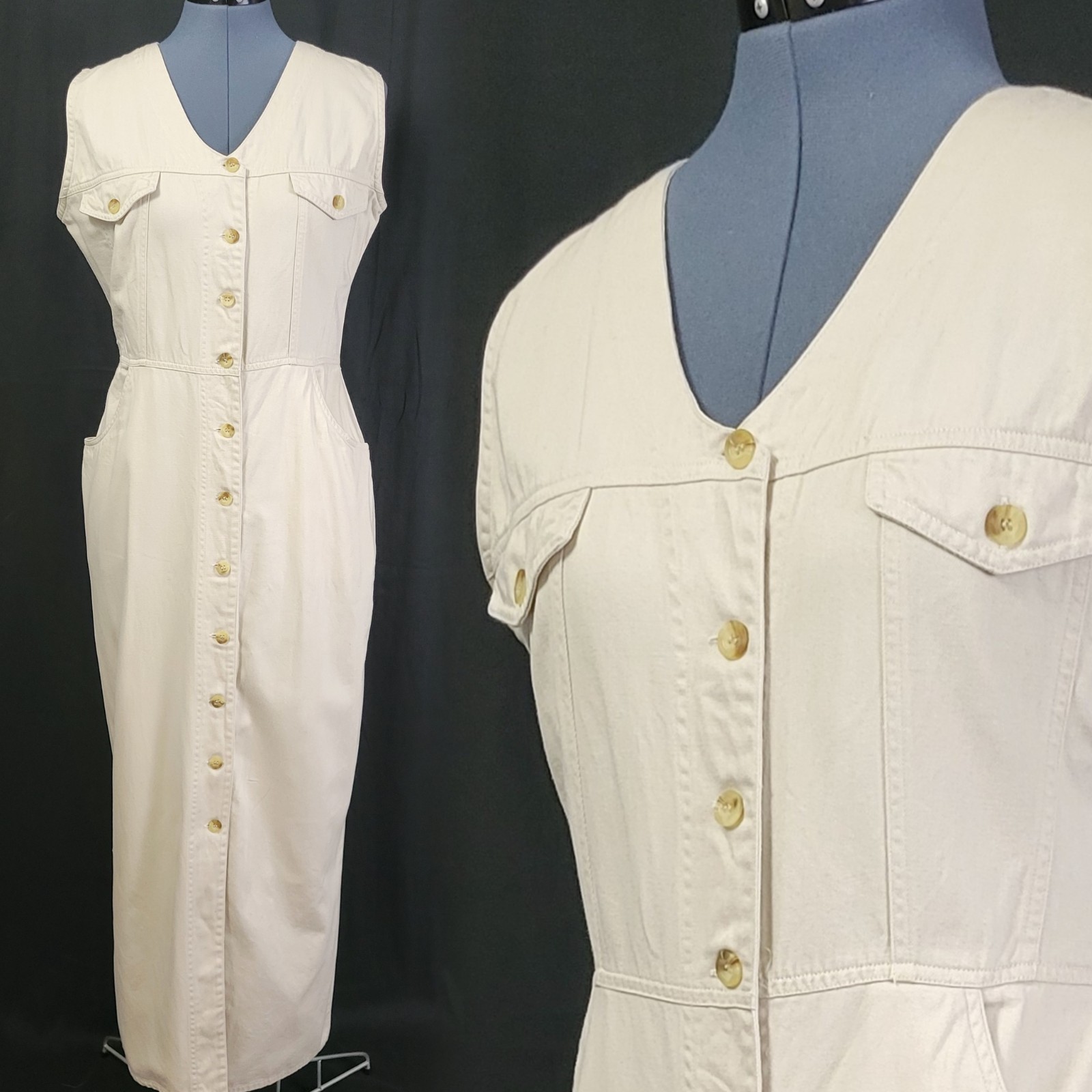 Vintage Access Light Khaki Button Down Sheath Dress Size Small