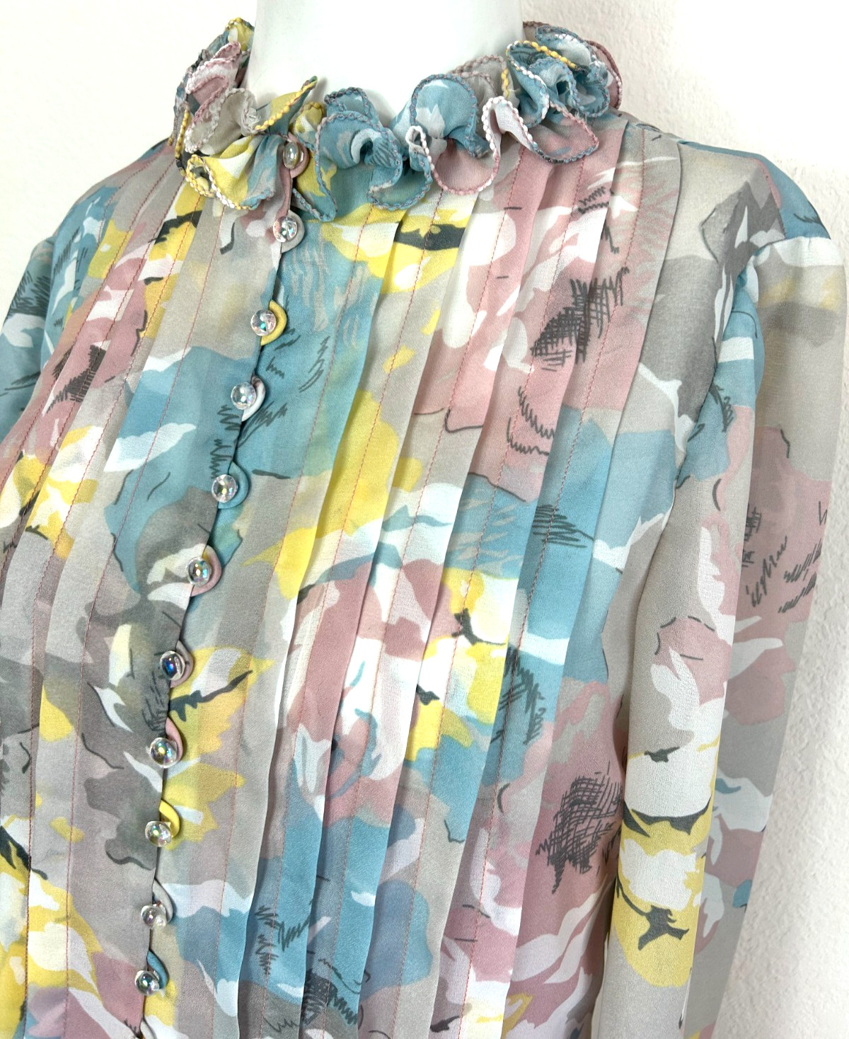 70s Floral Chiffon Hostess Dress Size Large Maxi ButtonUp Pleat Ruffle HighNeck