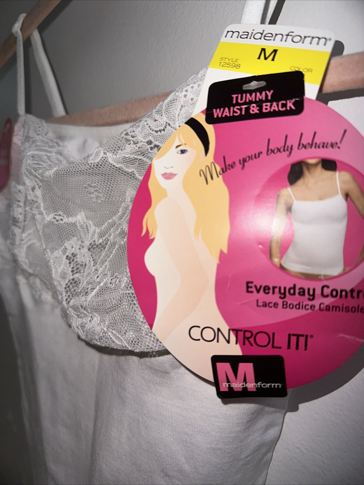 MAIDENFORM 12598 Sz: M-White 🤍Control It Lace Bodice Everyday Control Camisole