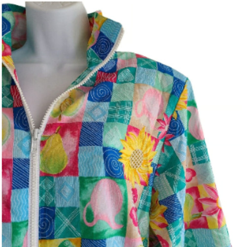 Vintage 90s Colorful Women&rsquo;s Full Zip Windbreaker Jacket L Whimsy Floral Y2K