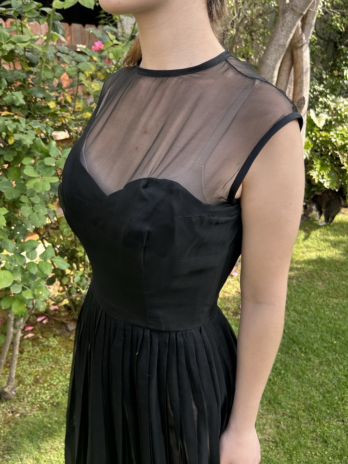 Vintage 50s M Silk Chiffon Sheer Pleated Evening Dress Sexy Full Circle