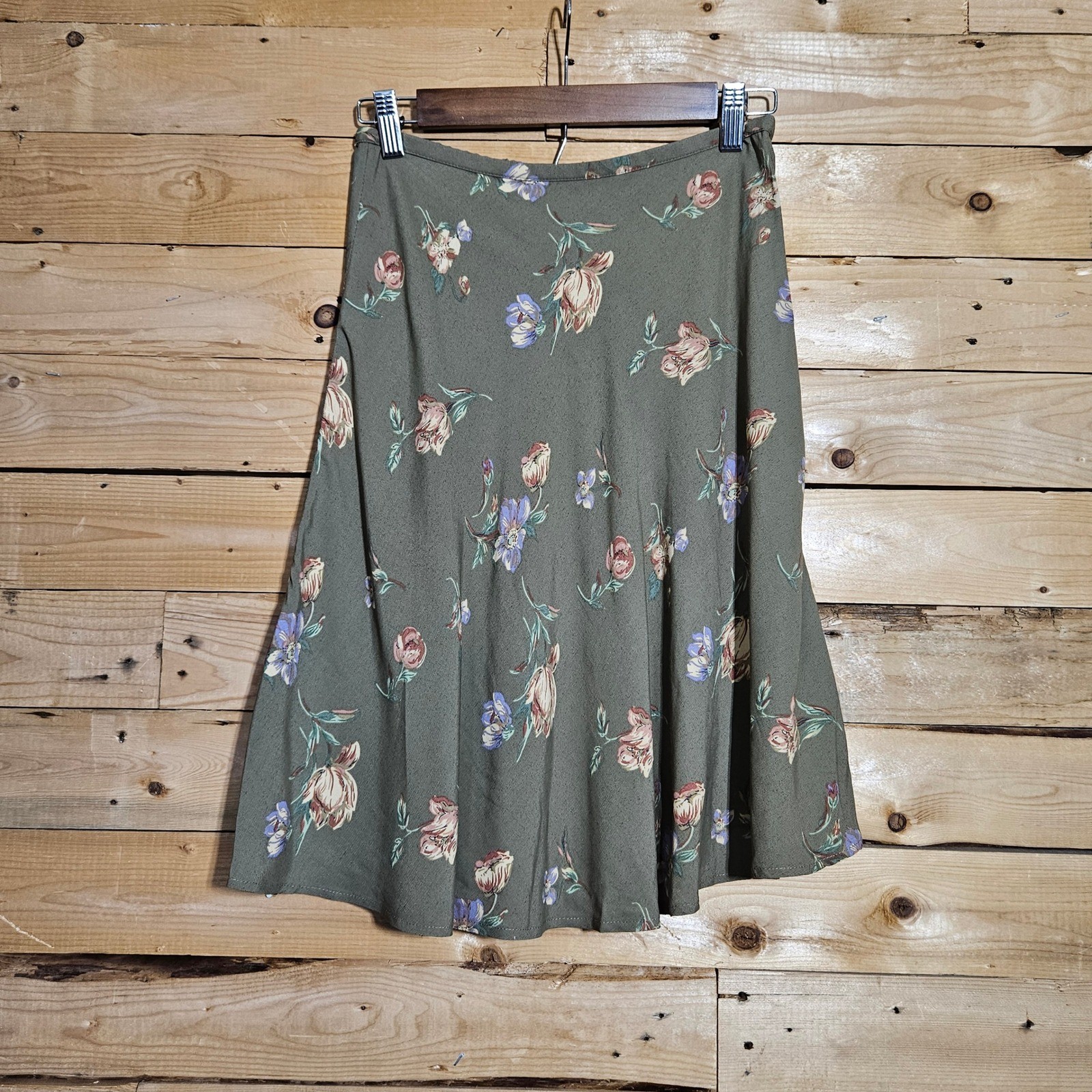 Vintage Express Olive Green Floral Rayon Mini Skirt 90s Made in USA Size M