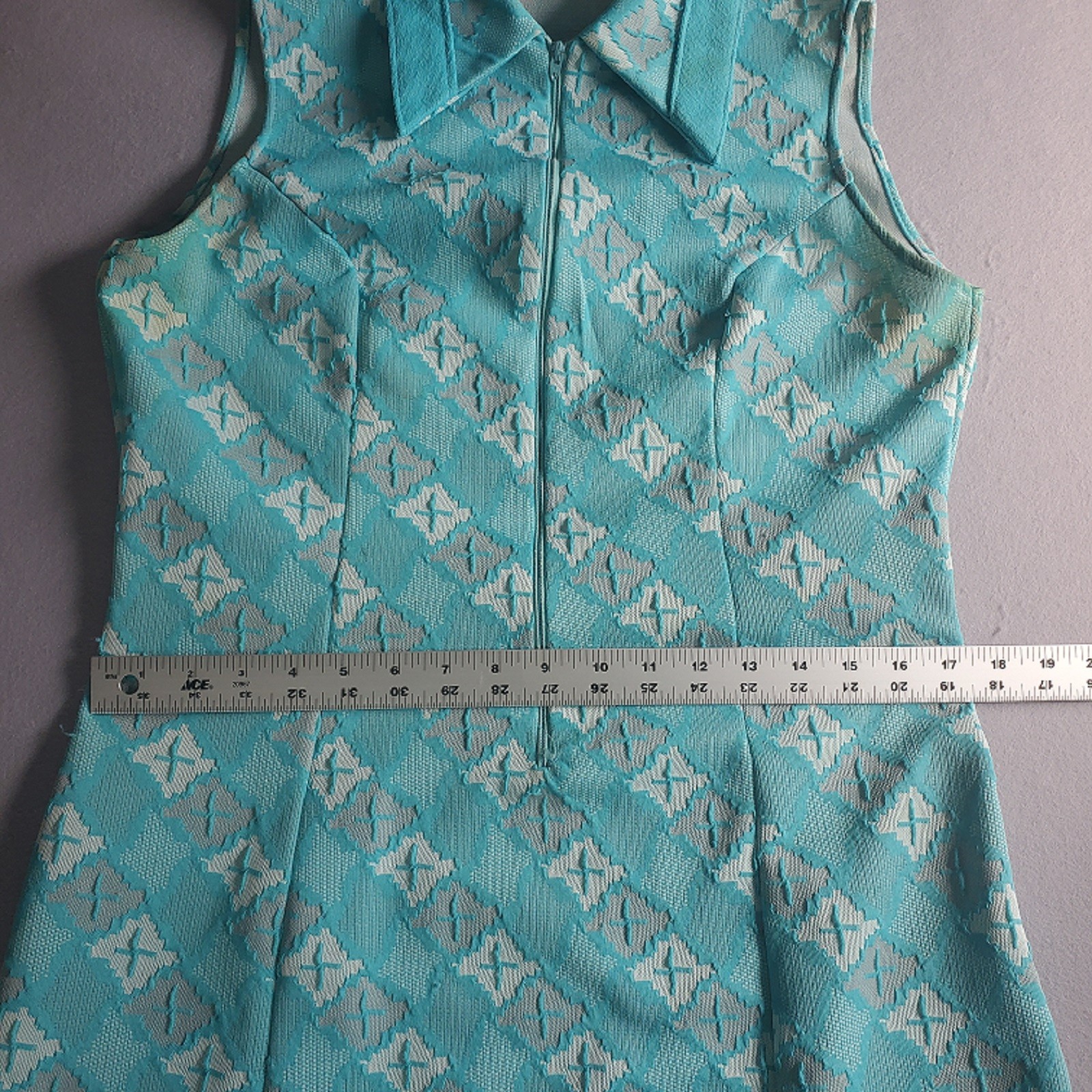 VTG 1970S Geometric Double Knit Shift Dress, Aqua/White Sleeveless Mod Tie L 12