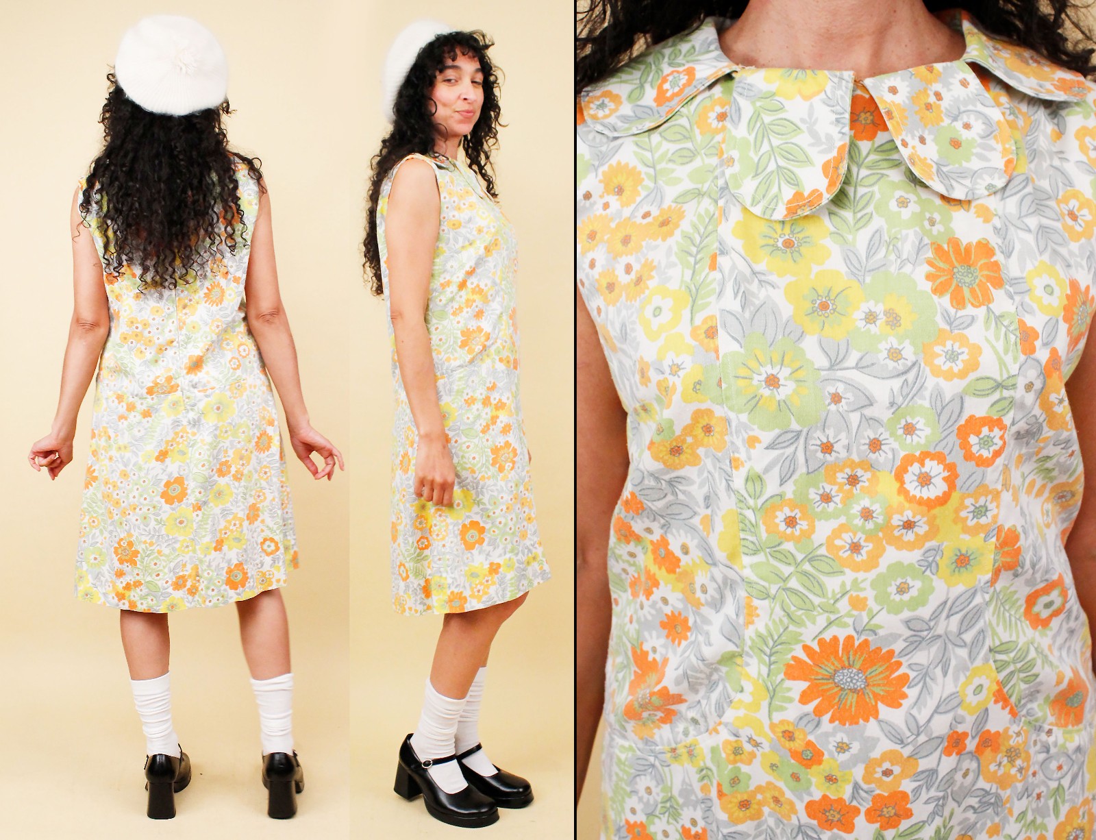 60s Vtg Clown Collar Mini Dress Floral Scallop Neckline Mod Shift Knee Length S