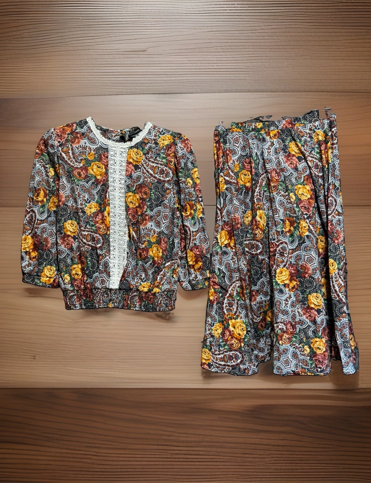 Another Thyme Women’s 8 Skirt & Top Set Grannycore Paisley Floral Lace Vtg 80s