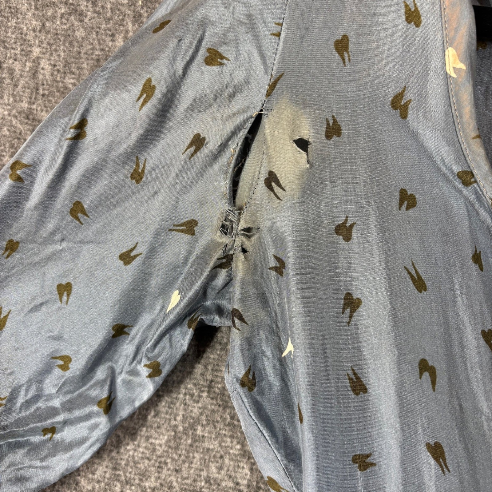 Vintage 50s Fit Flare Novelty Print Dress Blue Grey Silk Study Restoration Piece