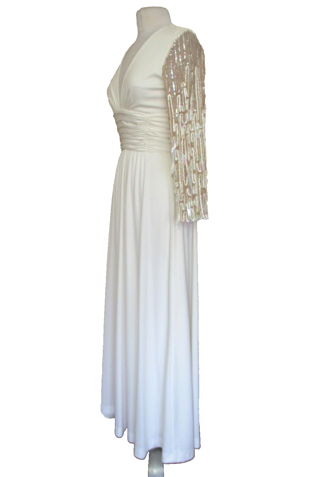 Vtg 70s Lilli Diamond Maxi Dress Gown XS/S Ivory Drop Sequin Statement Sleeves