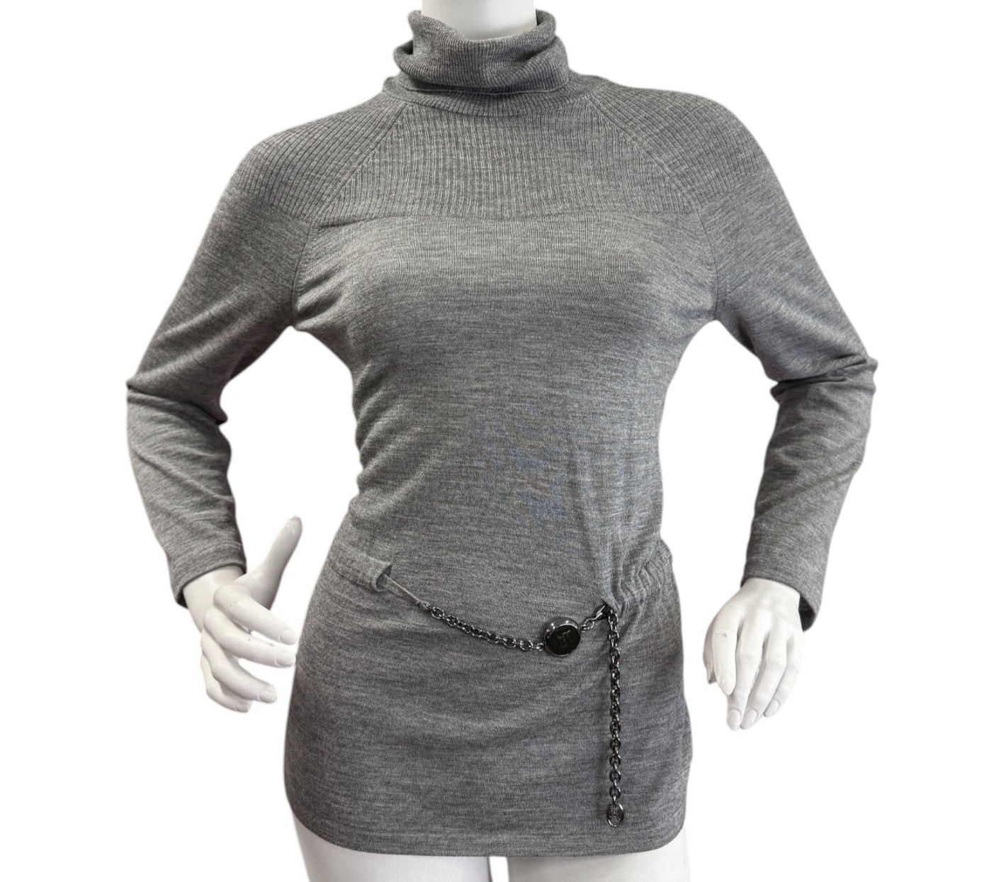 Vintage CELINE Wool Turtle Neck Long Sleeve Sweater Large 8 US Gray Chain Belted