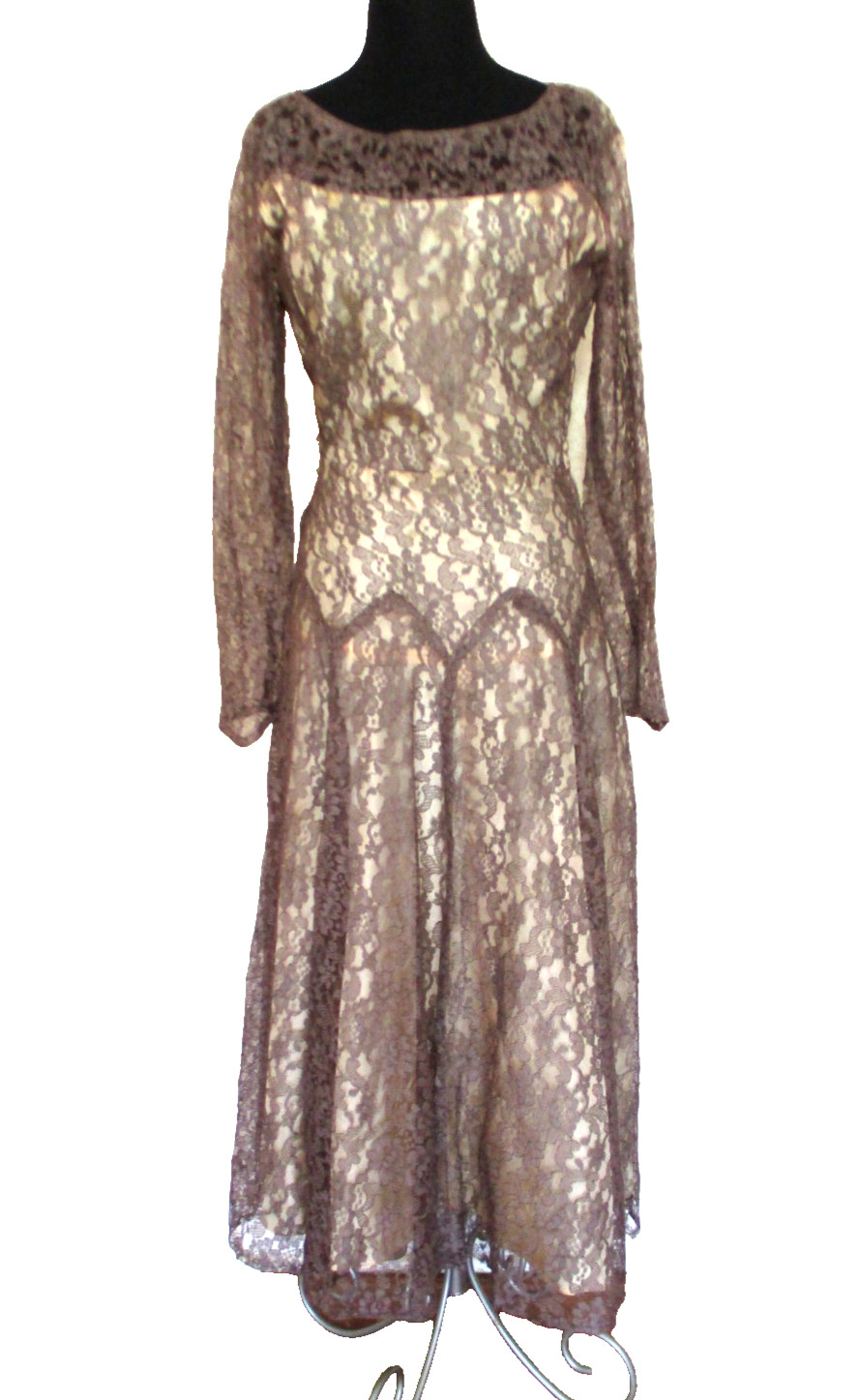 Vintage 30s 40s Brown Chantilly Lace Dress XS Women Drop Waist Maxi Flapper Deco