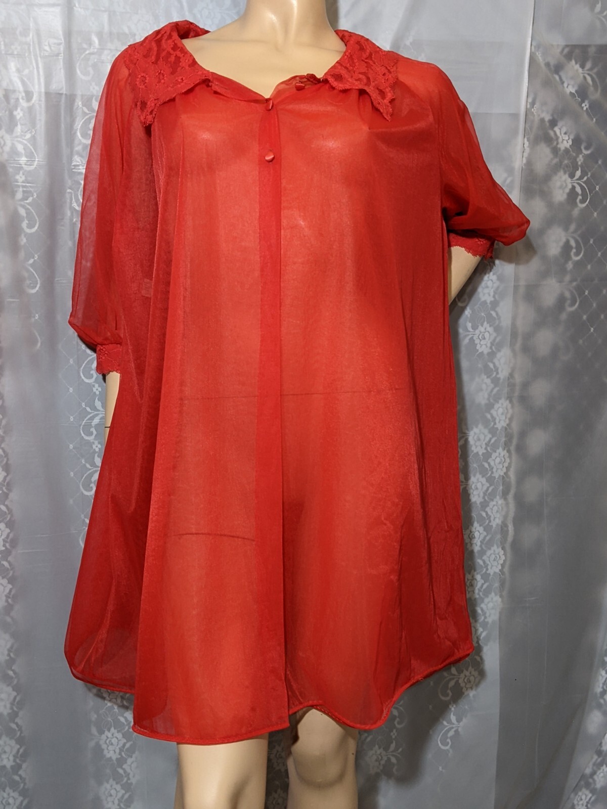 Vintage TEXSHEEN Red DOUBLE CHIFFON Lingerie Dress Satin Buttons Peignoir Robe M