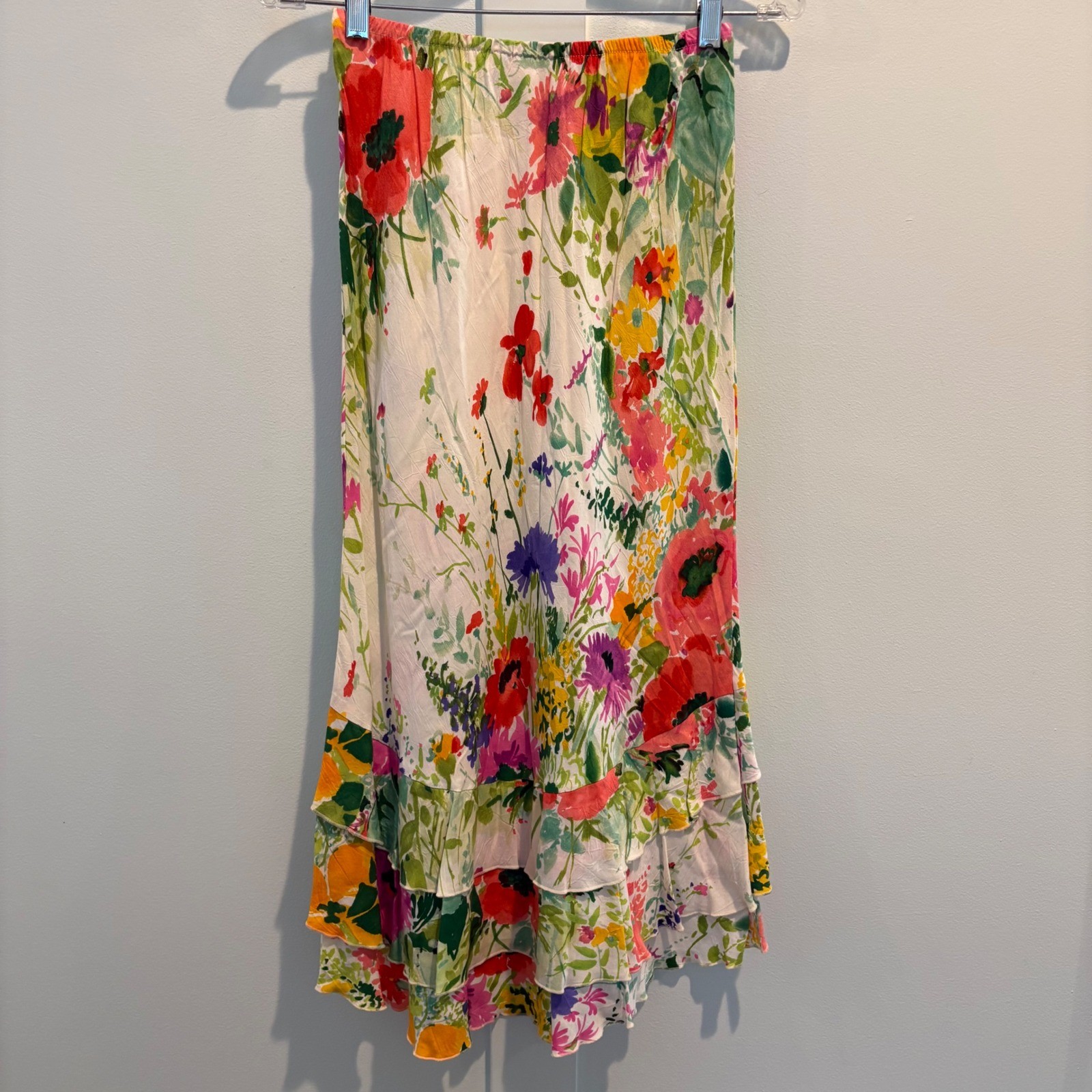 Vtg Jams World Small Floral Maxi Ruffle Skirt Rayon Cottage Bouquet Resort Art