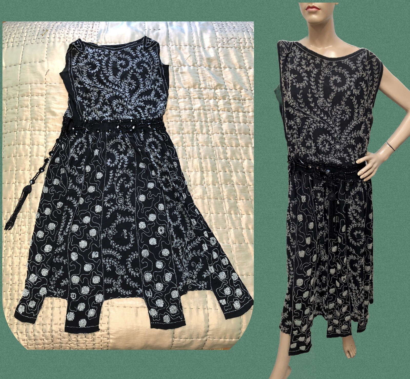 VTG 1920s Silk or Rayon Crepe PLATINUM GLASS BEADED TABARD Style FLAPPER DRESS