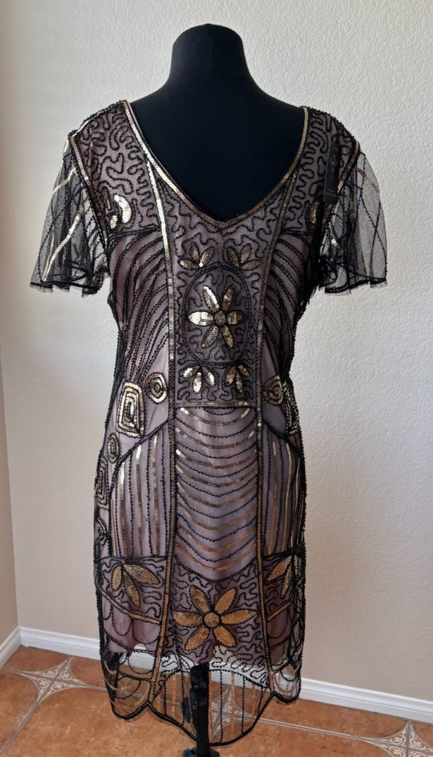 1920s Flapper Beaded Sequin Dress Art Deco Great Gatsby / Party / Event XL