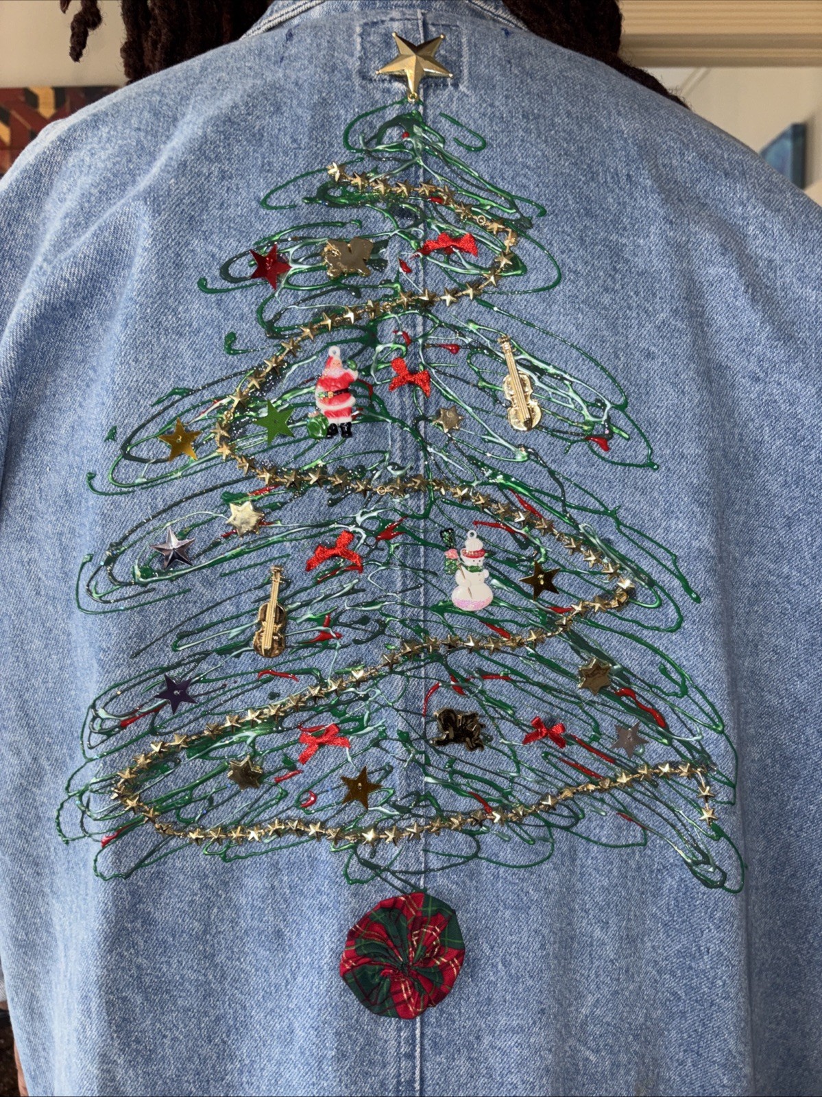 Vtg Christmas Duster by Treasures Denim Jacket Embroidered Tree Coat M/L 90s
