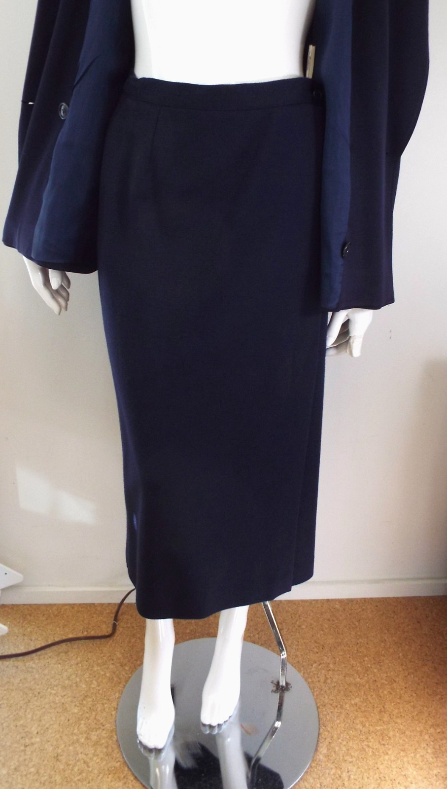 Vintage Giorgio Armani Navy Blue Wool Skirt Suit Double Breasted Blazer 44 Italy