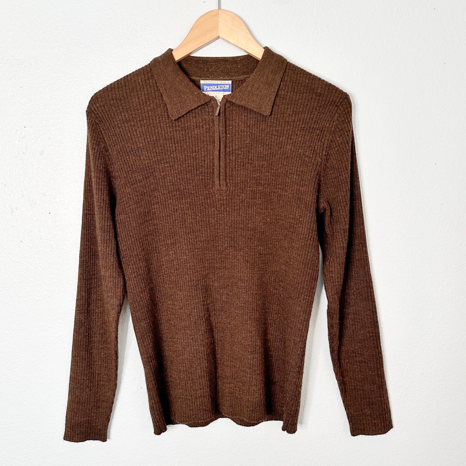 Vintage Pendleton Knockabouts Wool Blend Brown Ribbed 1/4 Zip Sweater Small