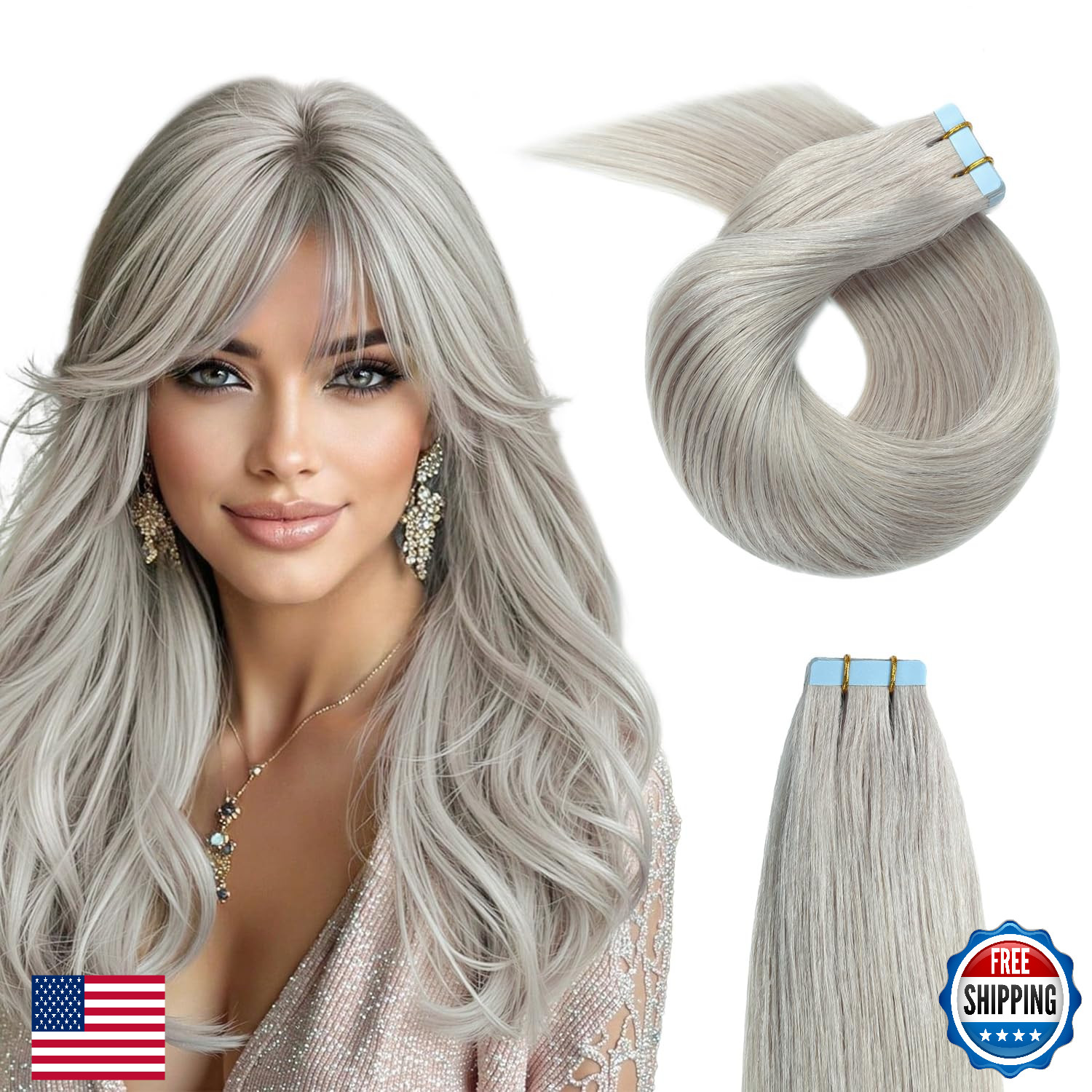 YILITE 20pc Silver Tape-In Human Hair Extensions 12in Seamless Skin Weft