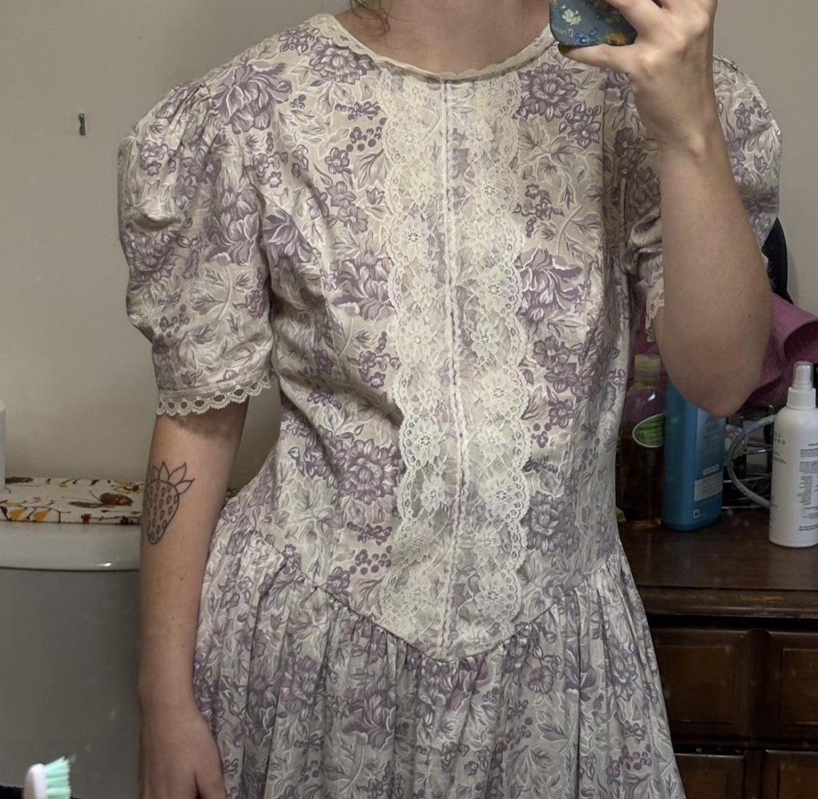 1980’s VTG Handmade Lilac Ivory Floral Low Waist Summer Cottagecore Midi dress