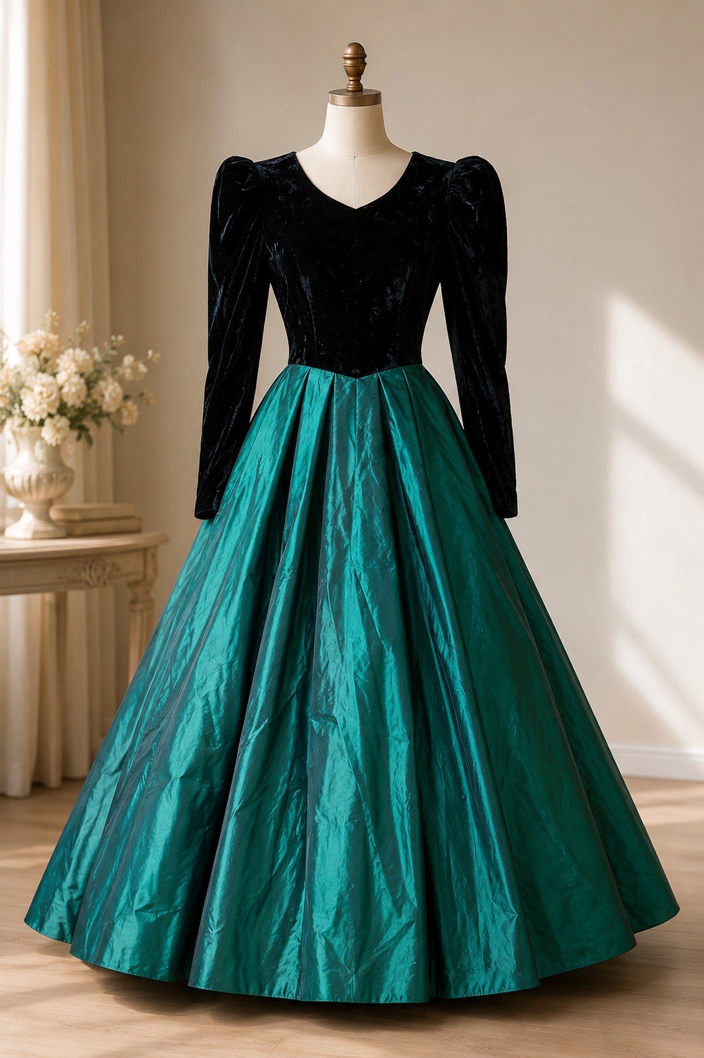 Vintage 80s Renaissance Prom Dress Emerald Green Taffeta Black Velvet Gown Sz 6