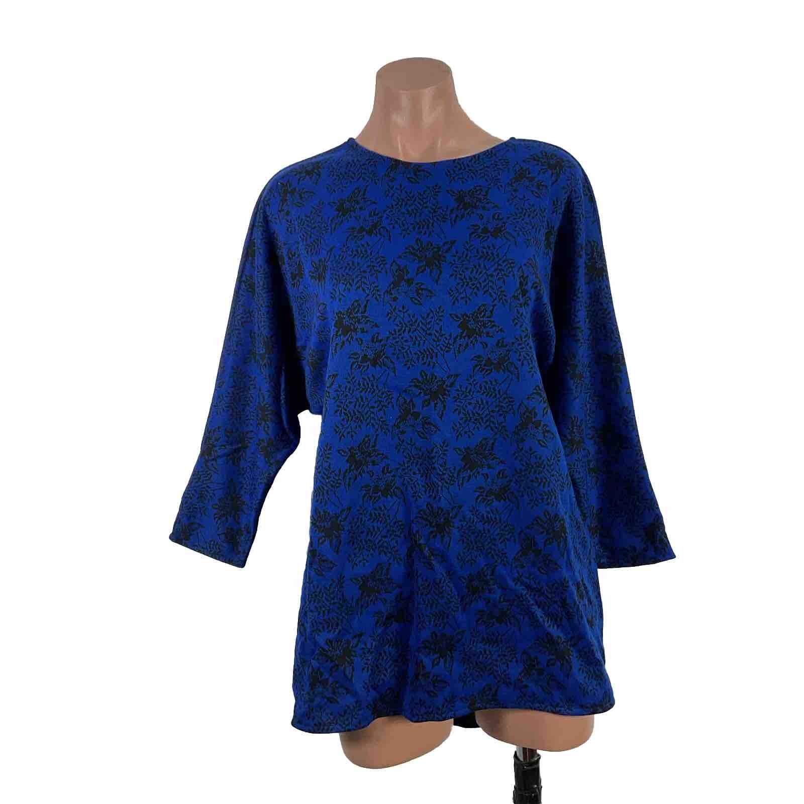 Vintage 80s C. E. Stanton Career Blue Floral Boat Neck Tunic Blouse Top sz M