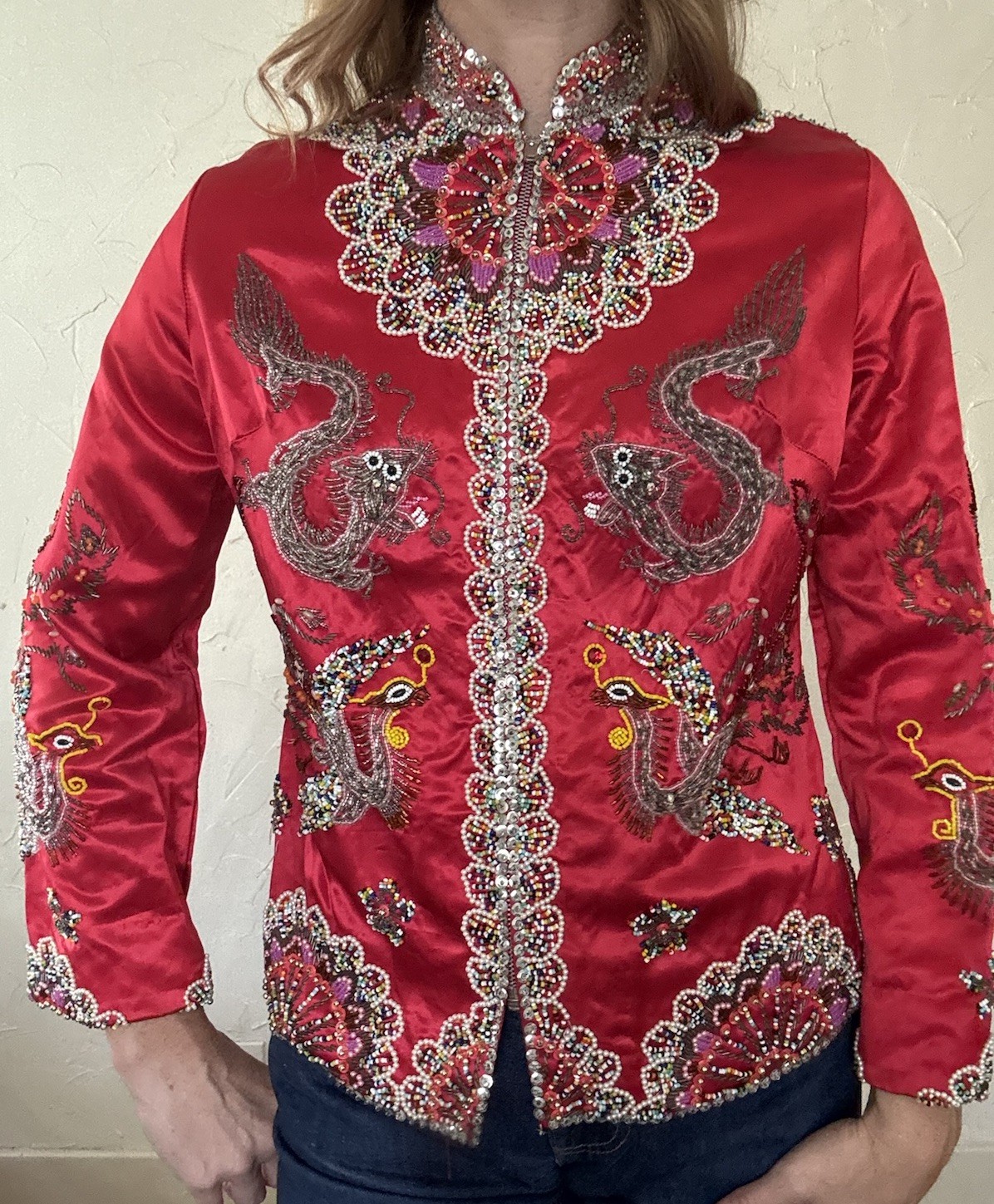 VTG 1960s Red Satin Beaded Jacket Zip up Asian Influenced Dragon Phoenix Design