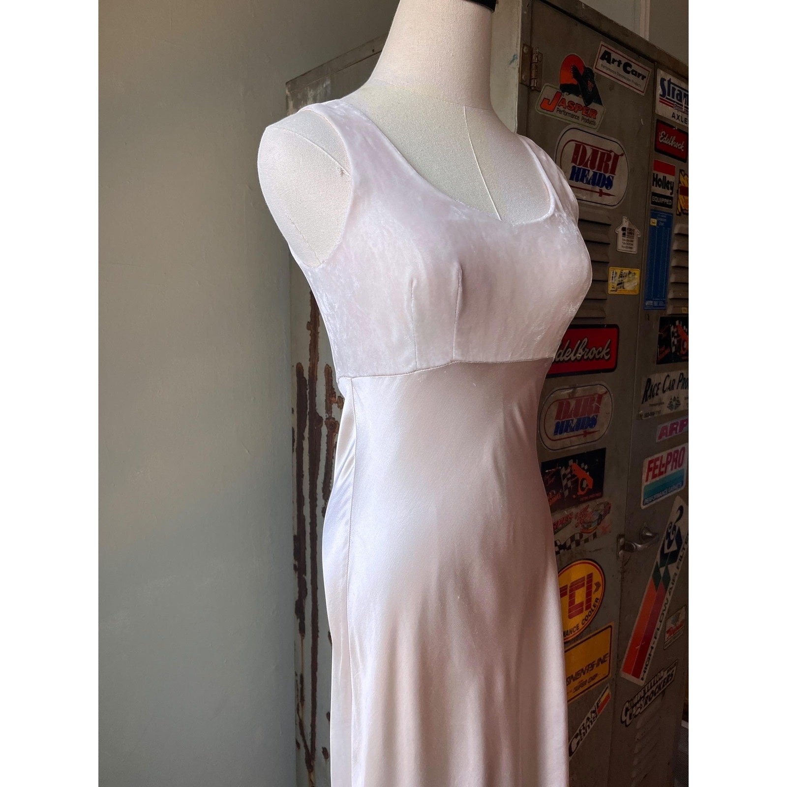 Vintage 90s Champagne Satin Slip Dress | Velvet Bust | Bridalcore gown | XS