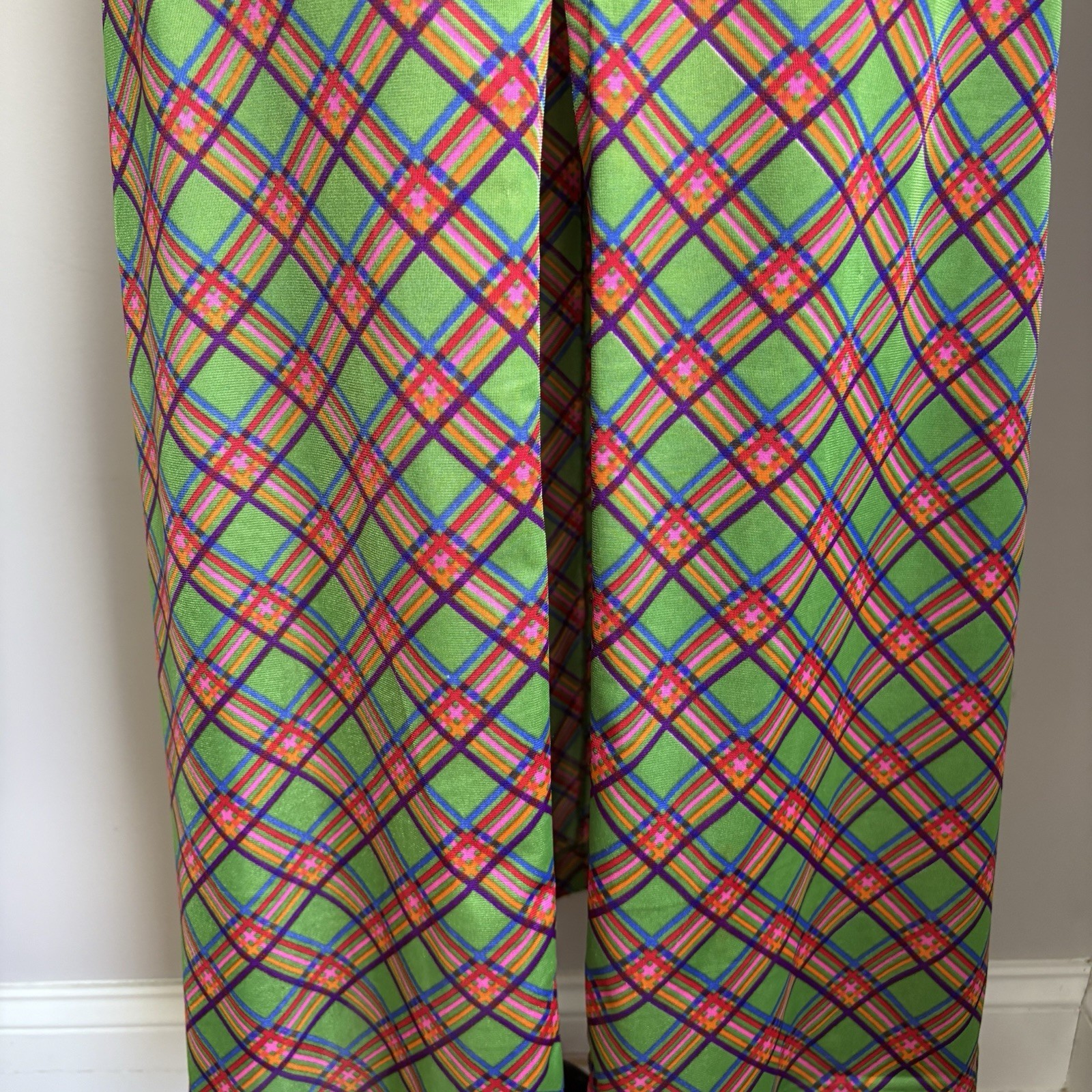 Vintage 1970’s Mod Halter style Argyle Plaid Print Maxi Dress Size XS