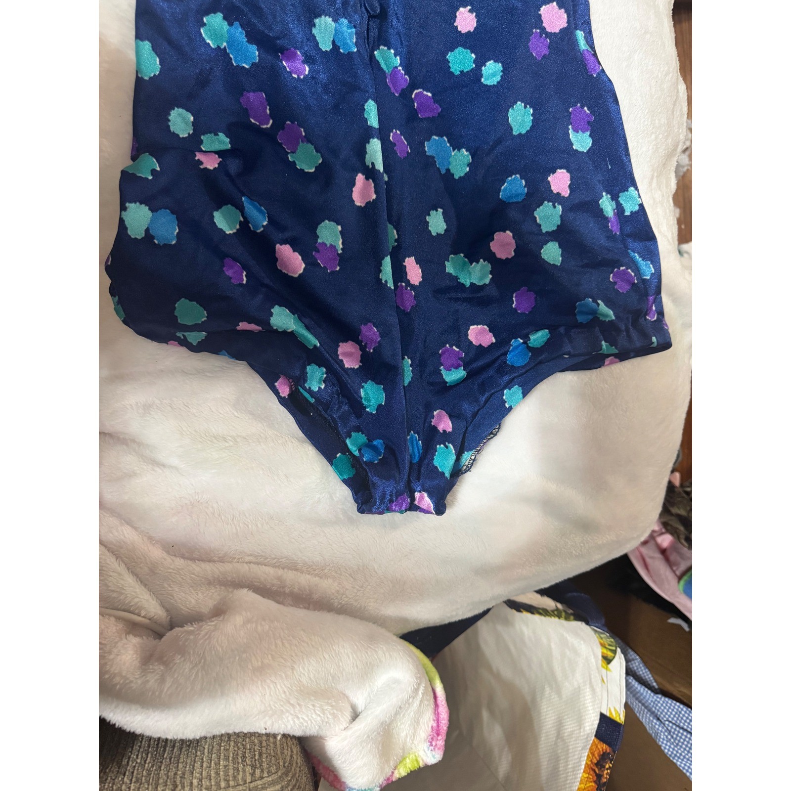 Maxine of Hollywood Vintage One Piece Swimsuit Navy Blue Abstract Polka Dot 16