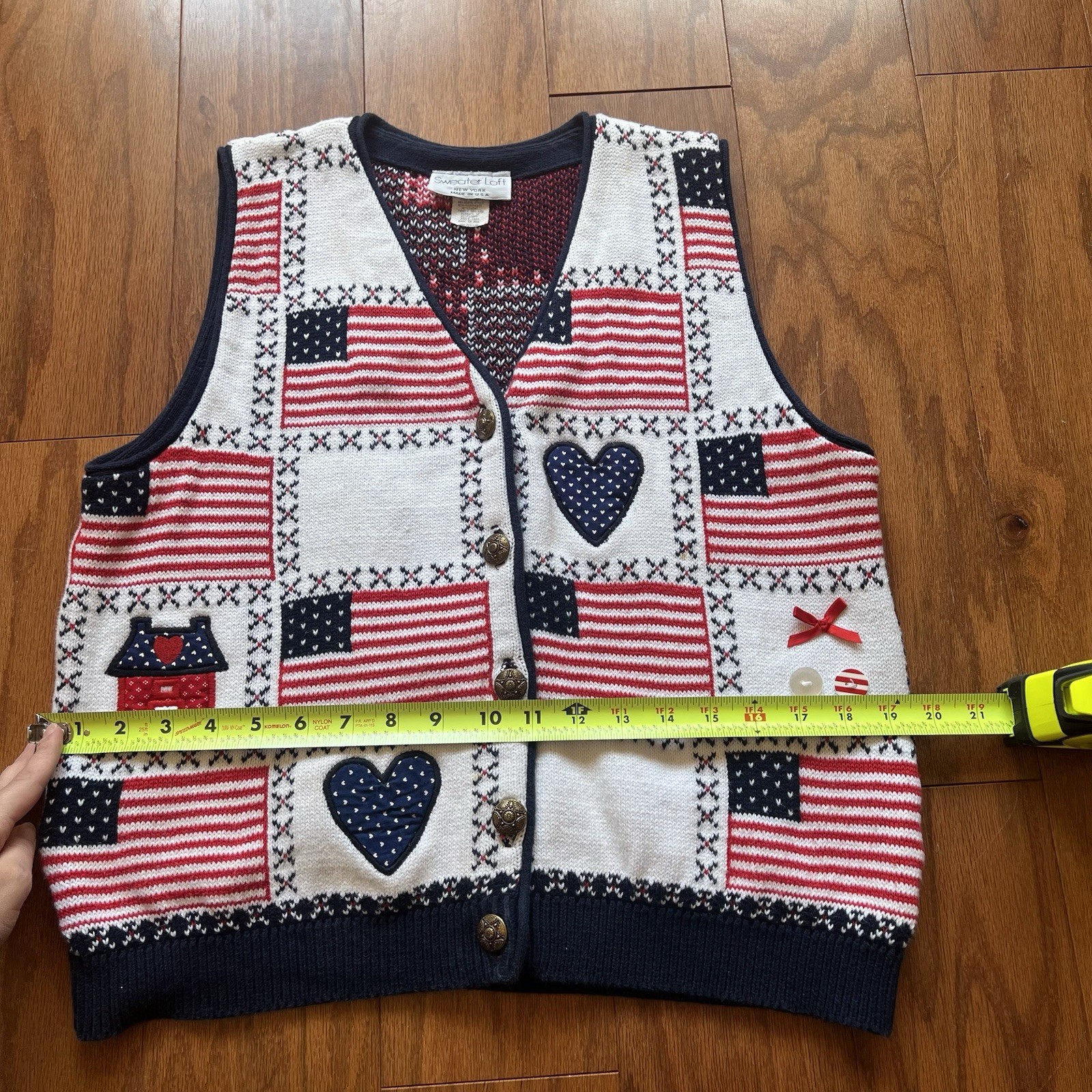 Loft Sweater Vest USA Flag Patchwork Medium Cottagecore Grandmacore Vintage