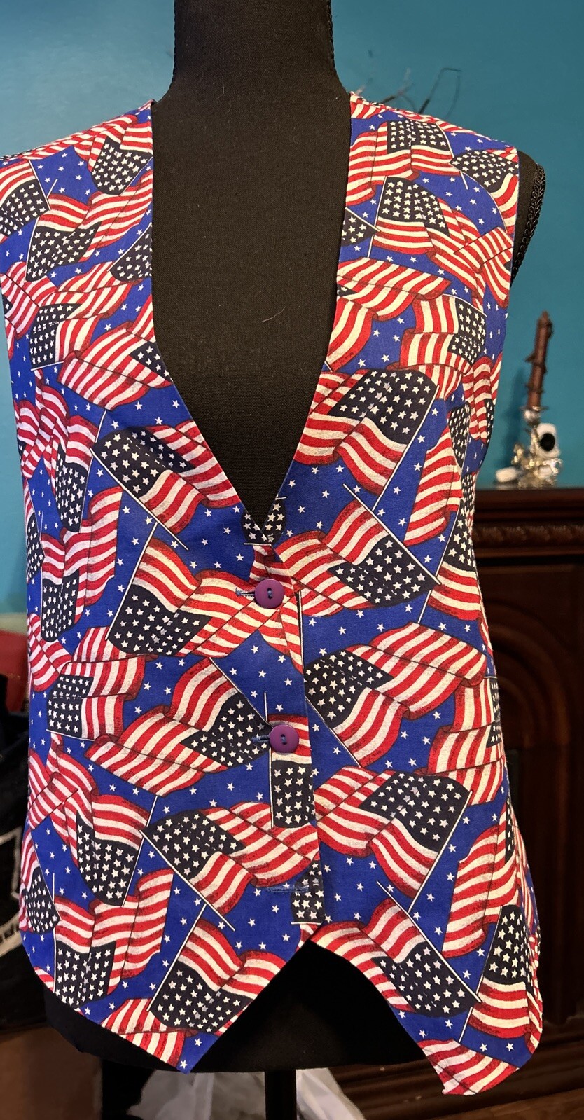Vtg 80s Color Trend American Flag Vest Size S/M Satin Back Americana Patriotic