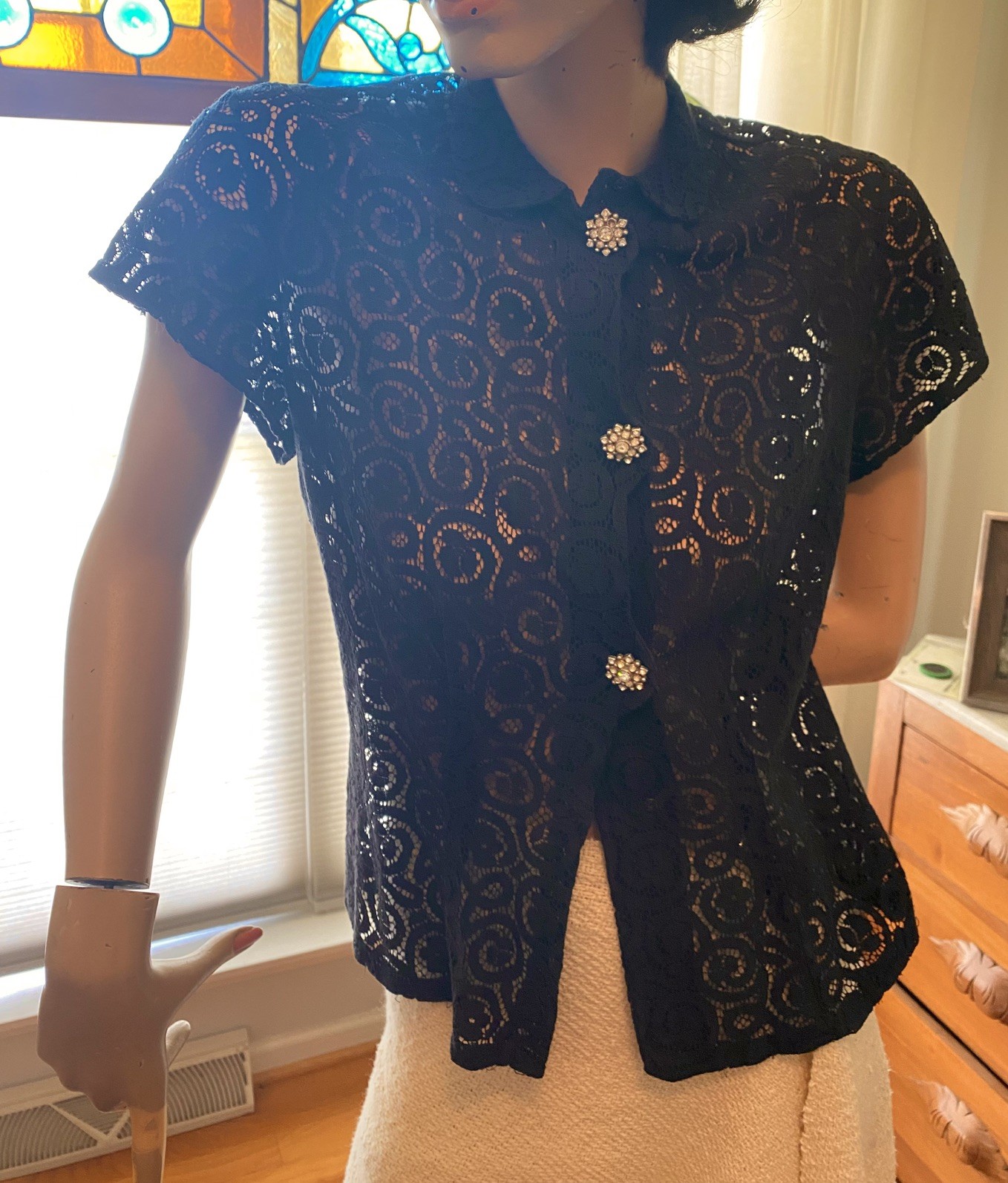 Vintage 50s black cotton lace button up blouse rhinestone buttons 36” bust
