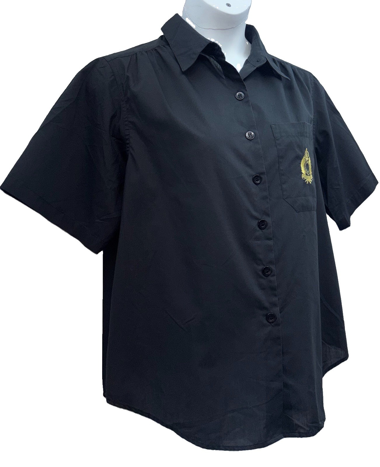 VTG Bridge Gate Women Size A8 Button Up Short Sleeve Top Black Embroidered Logo