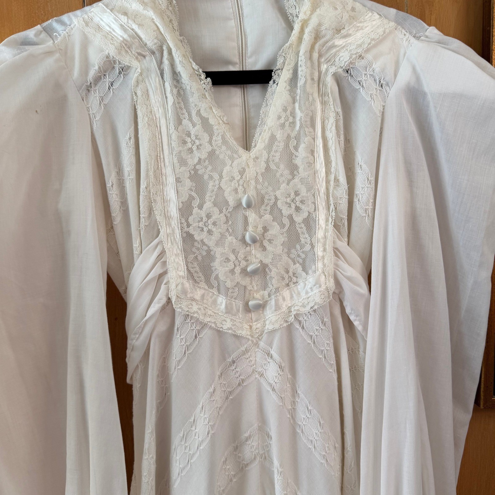 Vintage 70s Jody of California White Prairie Maxi Dress Lace Bishop Sleeve Small