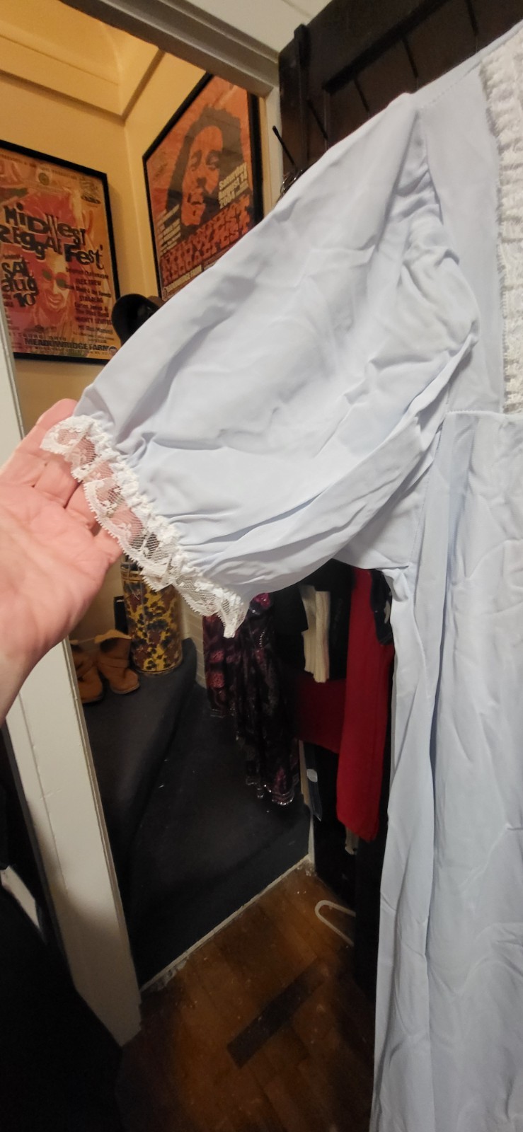 Vintage Unbranded Powder Blue Lace Trim-Satin & Embroidery Button Up Gown Robe M