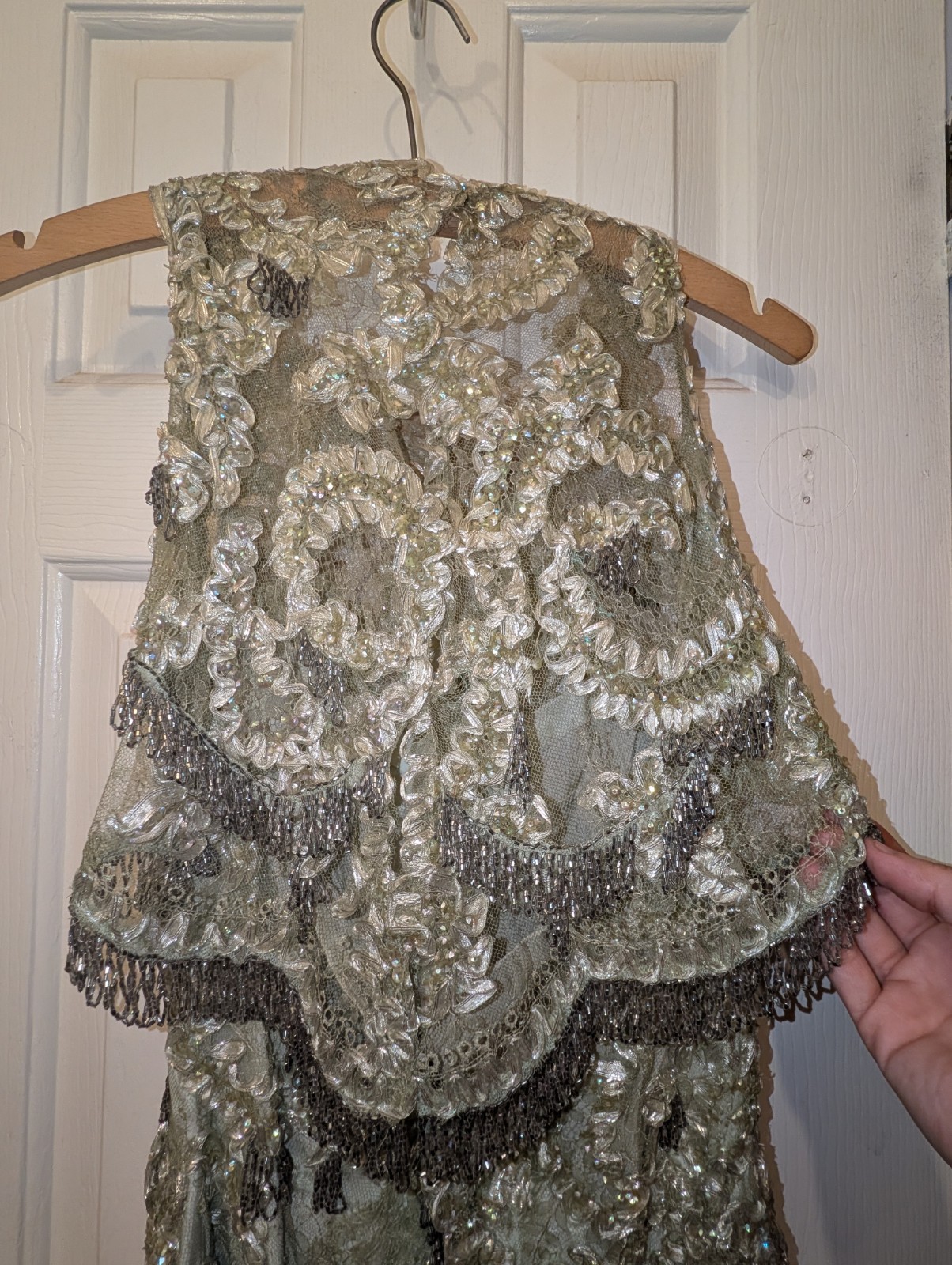 Vintage Handmade Green Beaded Evening Gown Size 0 w/ Coat Fur Accessories AS IS