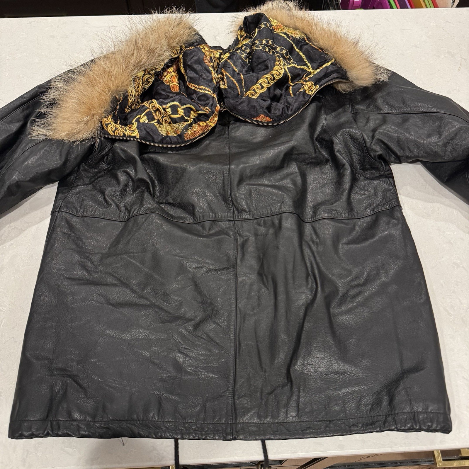 Jacqueline Ferrar Genuine Leather Jacket Coat Black W/Coyote Fur Hood Large