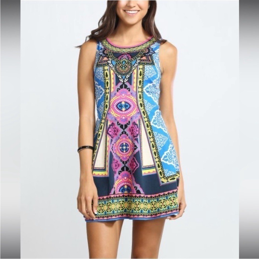 FLYING TOMATO ANTHROPOLOGIE Geometric Fit & Flare Mini Dress Cotton Size Large