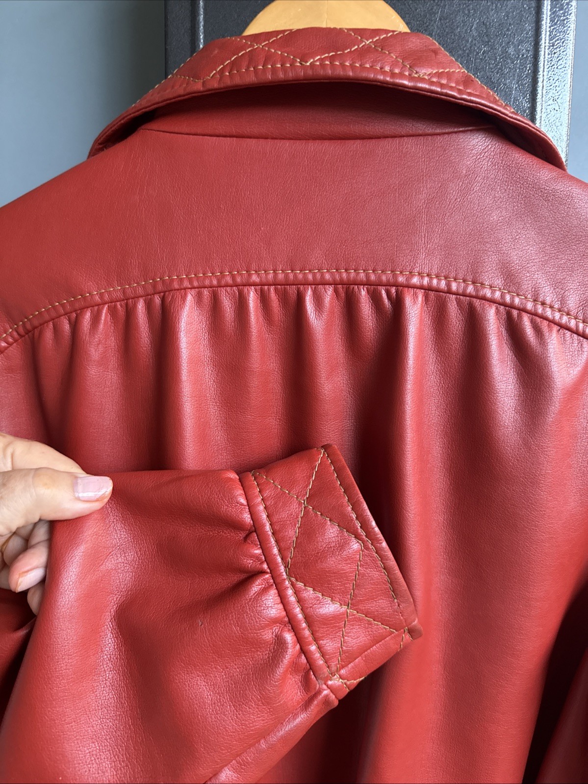 Vintage 70s Burnt Orange Leatherette Trench Coat- Korea- Size 12-Vegan-Mint!