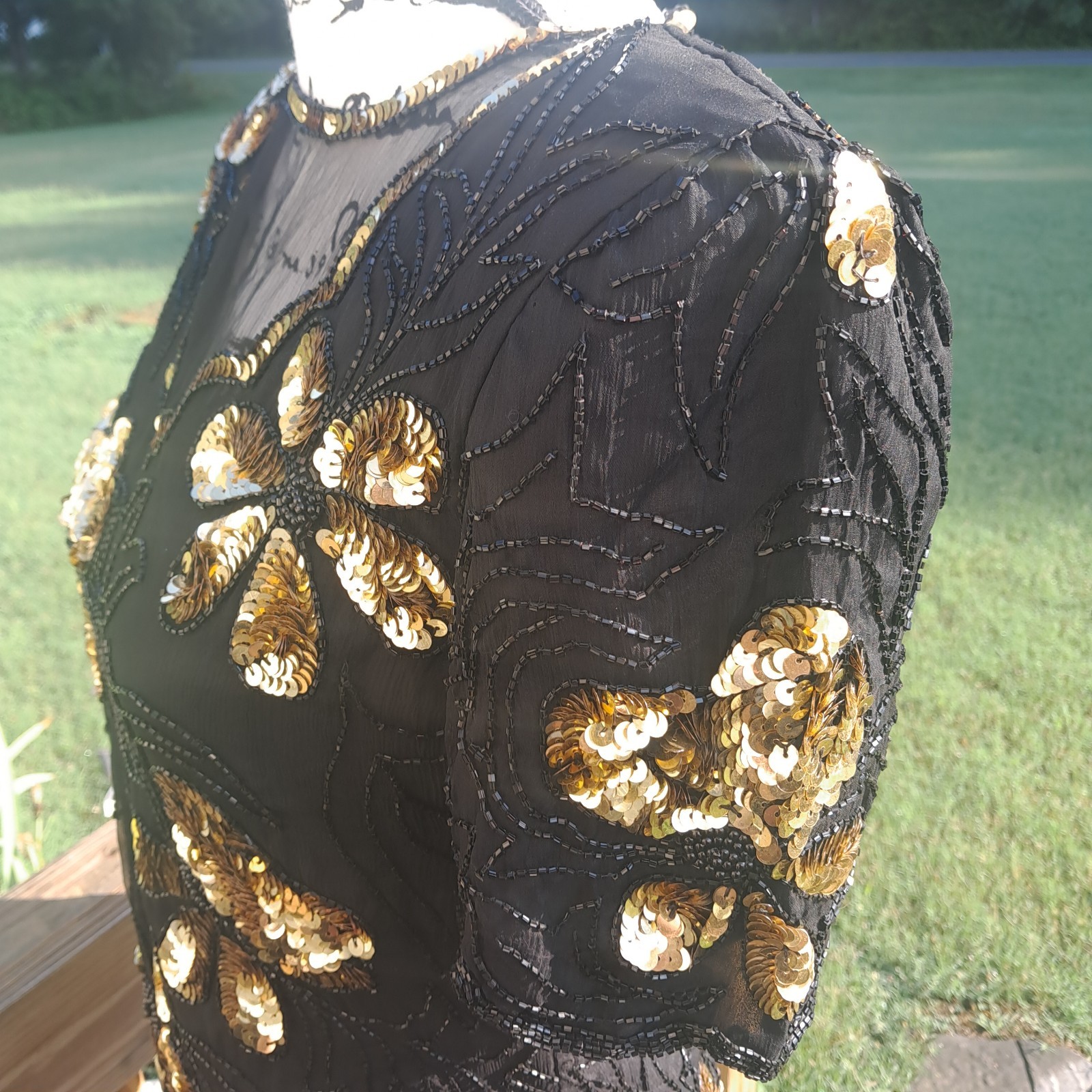 Vintage Stenay Silk Sequin Beaded Top Small Floral Black Gold Regency Goth Event