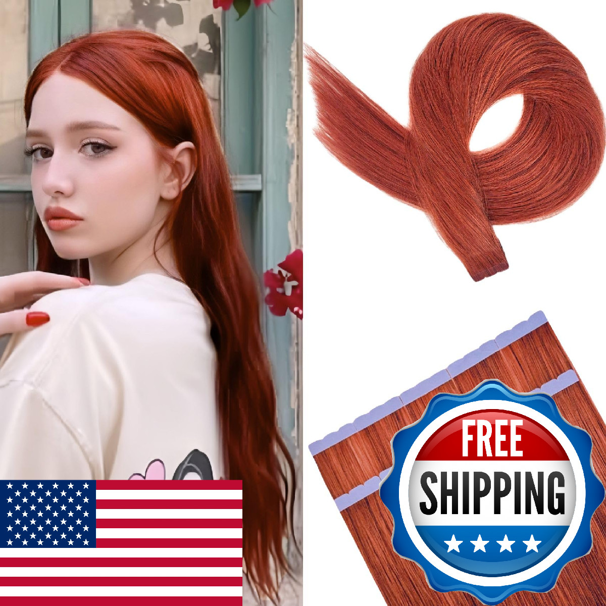 Copper Red Tape in Hair Extensions Human Hair Invisible Mini 18 Inch Hair Extens