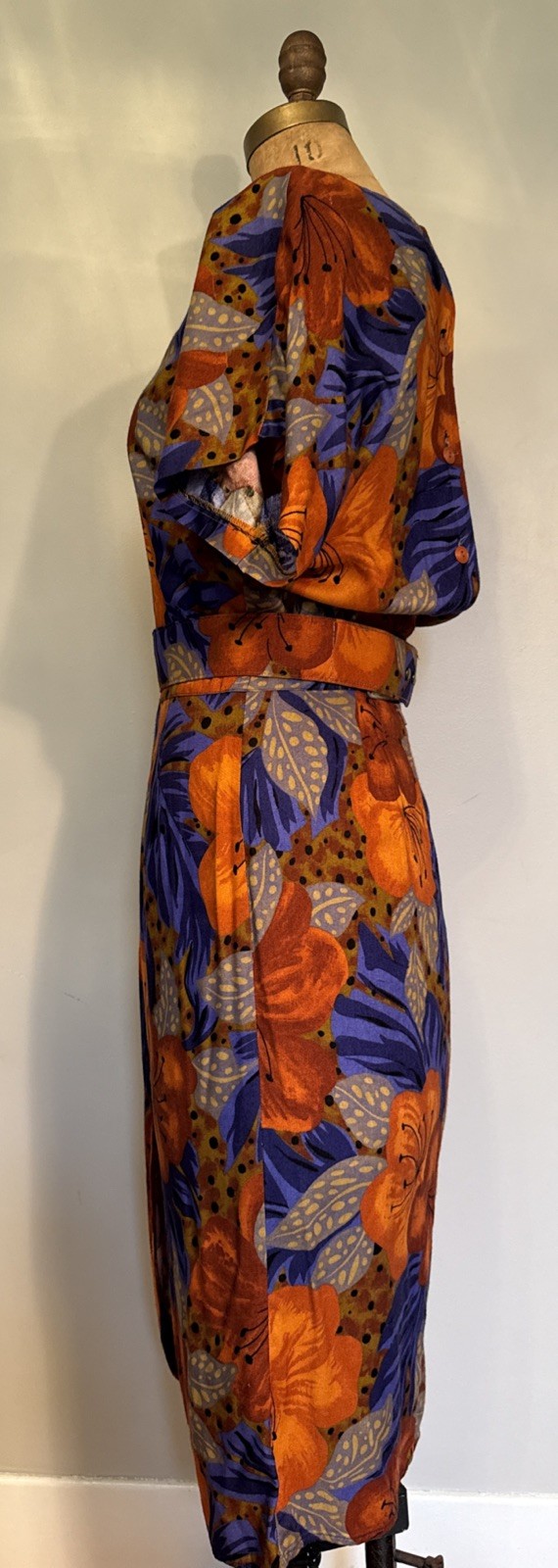 Vintage Jeffrey & Dara Tropical Print Faux Wrap Pencil Wiggle Dress Belt 5/6 USA