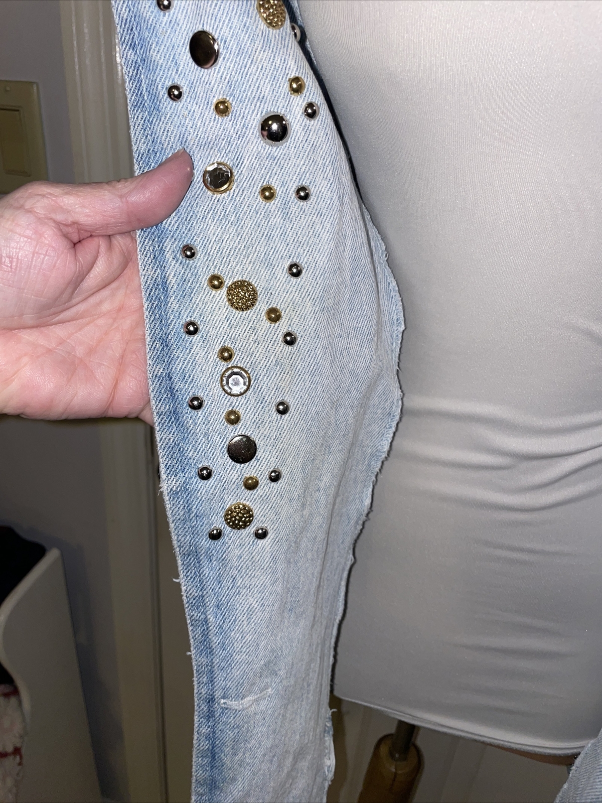 VTG RIO Light Blue Cotton Studded Western Button Denim Jacket Womens Sz S